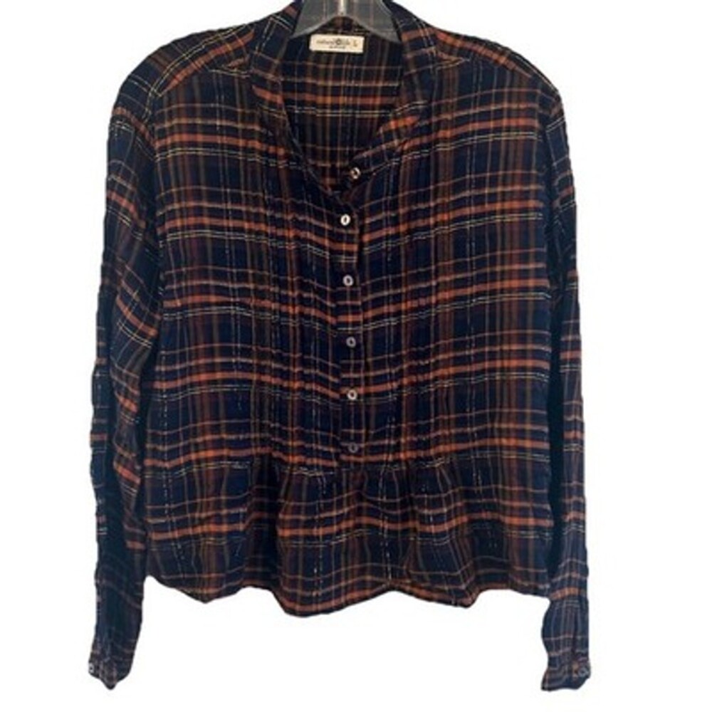 Natural Life Montana Top Women's Large Plaid Pintuck 100% Cotton Cabincore GORP